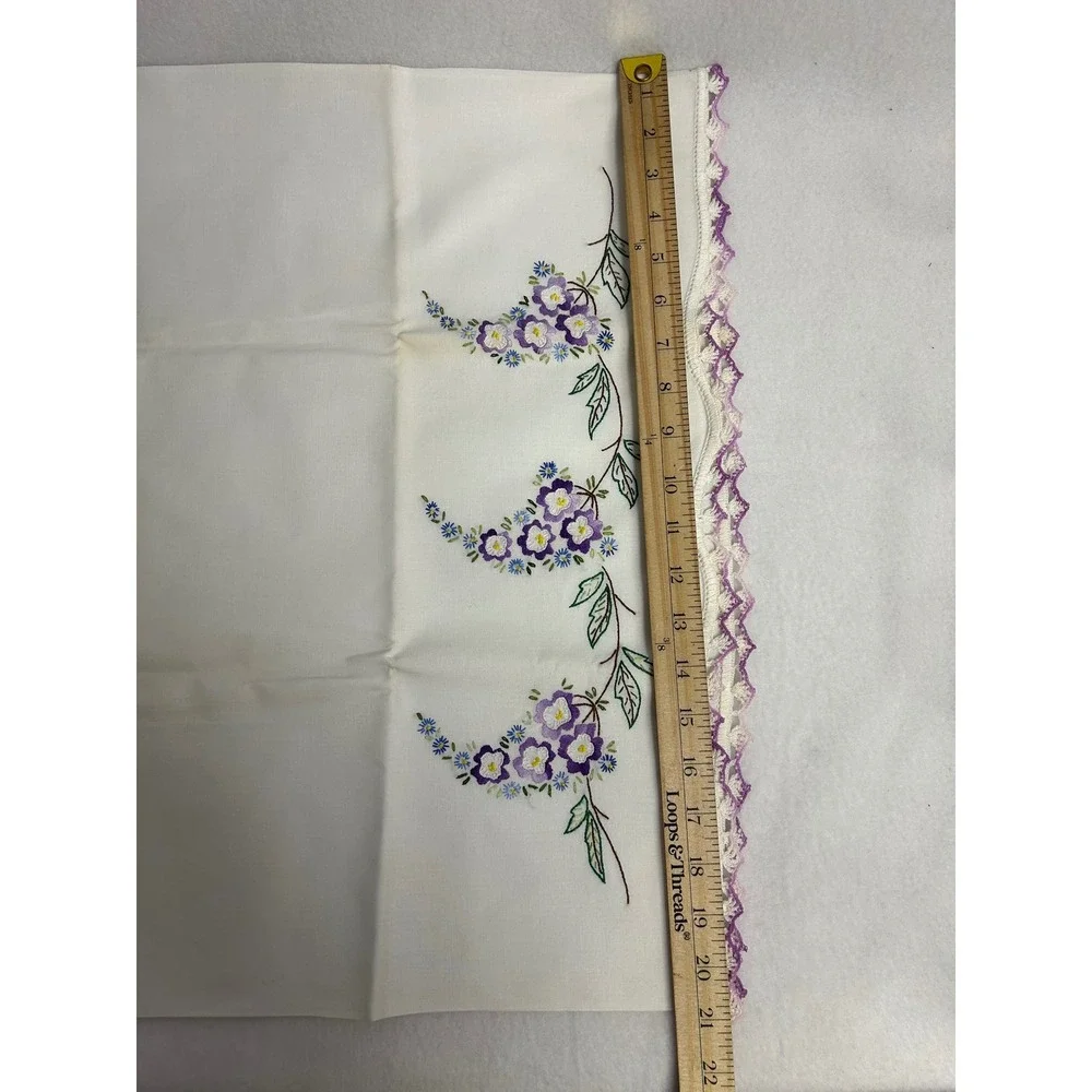Vintage Cottagecore Hand Embroidered Pillowcase Standard White Purple Floral